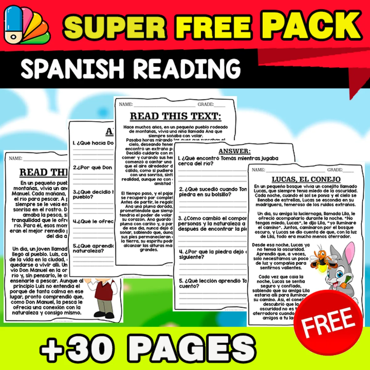 An educational teaching resource from EDITORIAL LAURA EDUCA entitled SUPER FREE PACK | Spanish Comprehension Texts + Questions downloadable at Teach Simple.