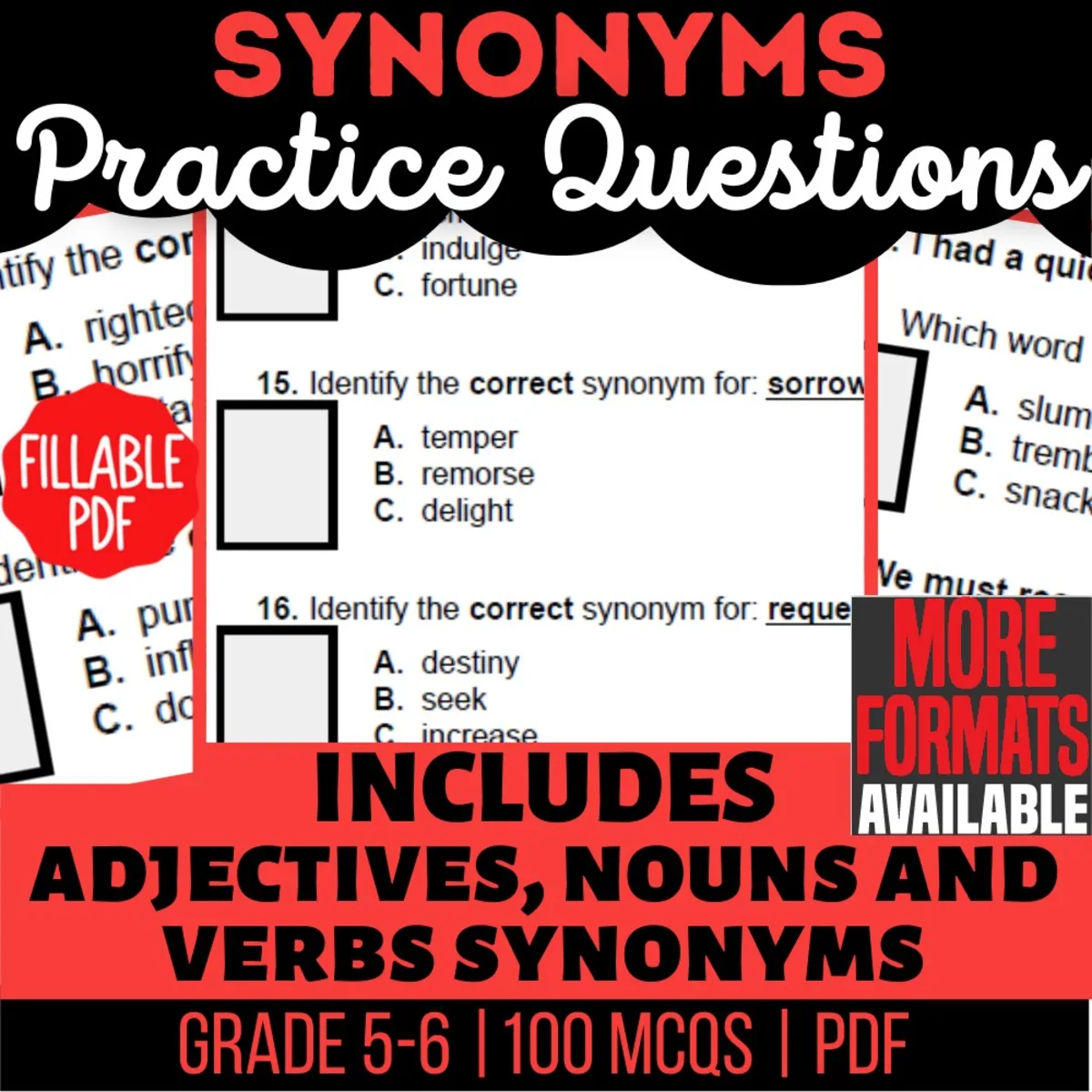An educational teaching resource from Cored Education entitled Synonyms Practice Questions - Vocabulary Grade 5-6 Fillable downloadable at Teach Simple.