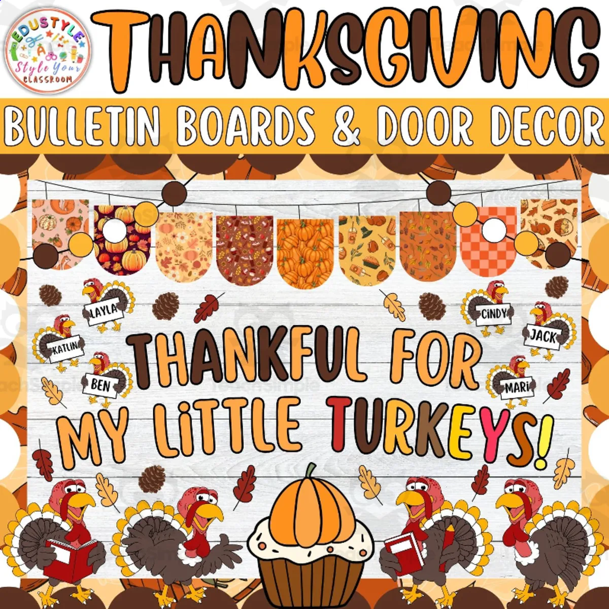 An educational teaching resource from Style Your Classroom entitled Thankful For : Thanksgiving & Fall Bulletin Board or Door Decor Kit downloadable at Teach Simple.