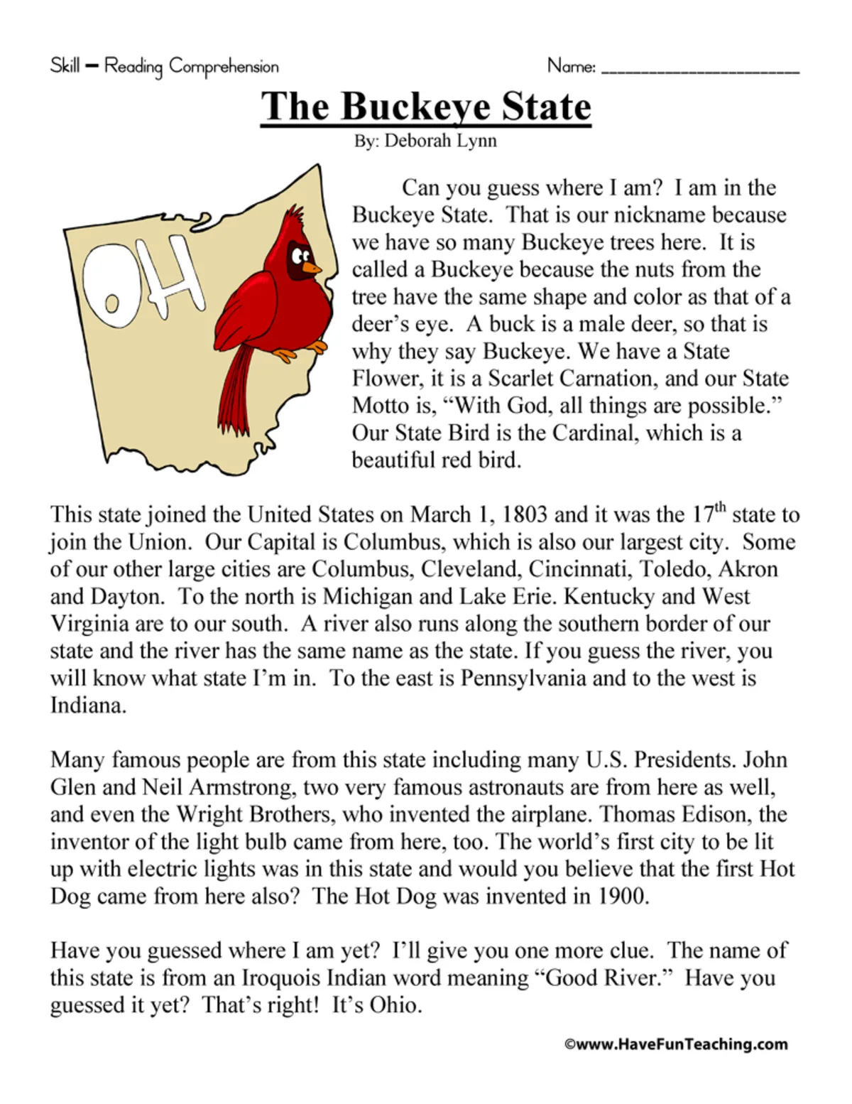 An educational teaching resource from Have Fun Teaching entitled The Buckeye State Reading Comprehension Worksheet downloadable at Teach Simple.