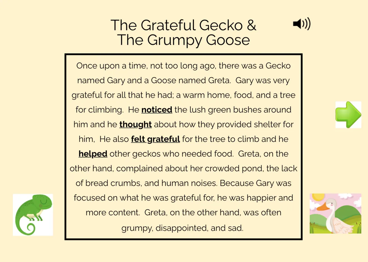 An educational teaching resource from Jennifer Moyer Taylor entitled The Grateful Gecko and The Grumpy Goose-SEL Boom Cards About Gratitude With Audio downloadable at Teach Simple.