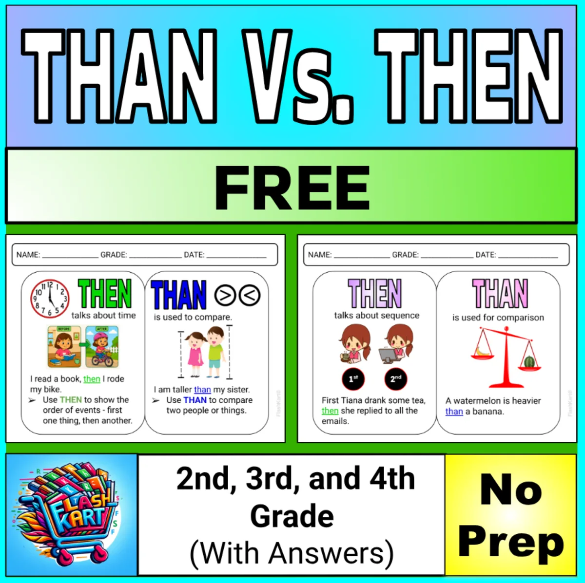An educational teaching resource from FlashKart entitled Then vs. Than Homophones Worksheets for Grades 2nd, 3rd, & 4th downloadable at Teach Simple.