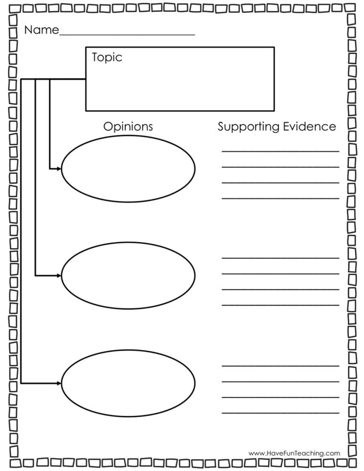 An educational teaching resource from Have Fun Teaching entitled Topic Opinion and Supporting Evidence Graphic Organizer Worksheet downloadable at Teach Simple.