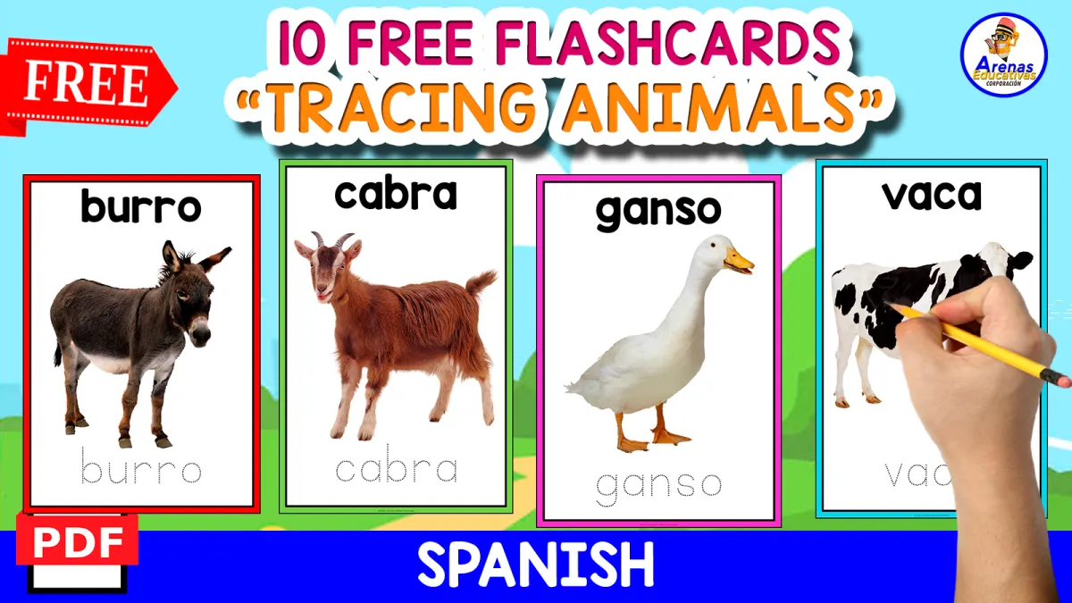 An educational teaching resource from EDITORIAL LAURA EDUCA entitled TRACING 10 FARM ANIMALS NAMES | SPANISH FREE RESOURCE downloadable at Teach Simple.