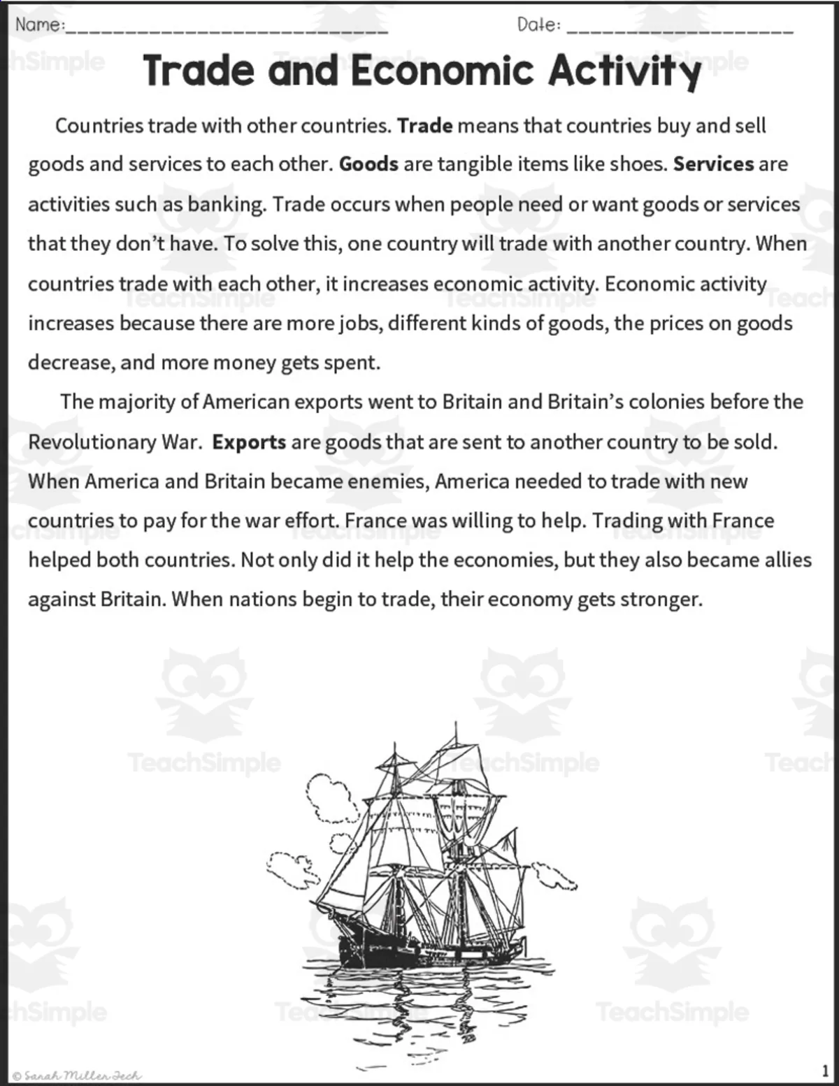 An educational teaching resource from Sarah Miller Tech entitled Trade + Economic Activity Reading Packet downloadable at Teach Simple.