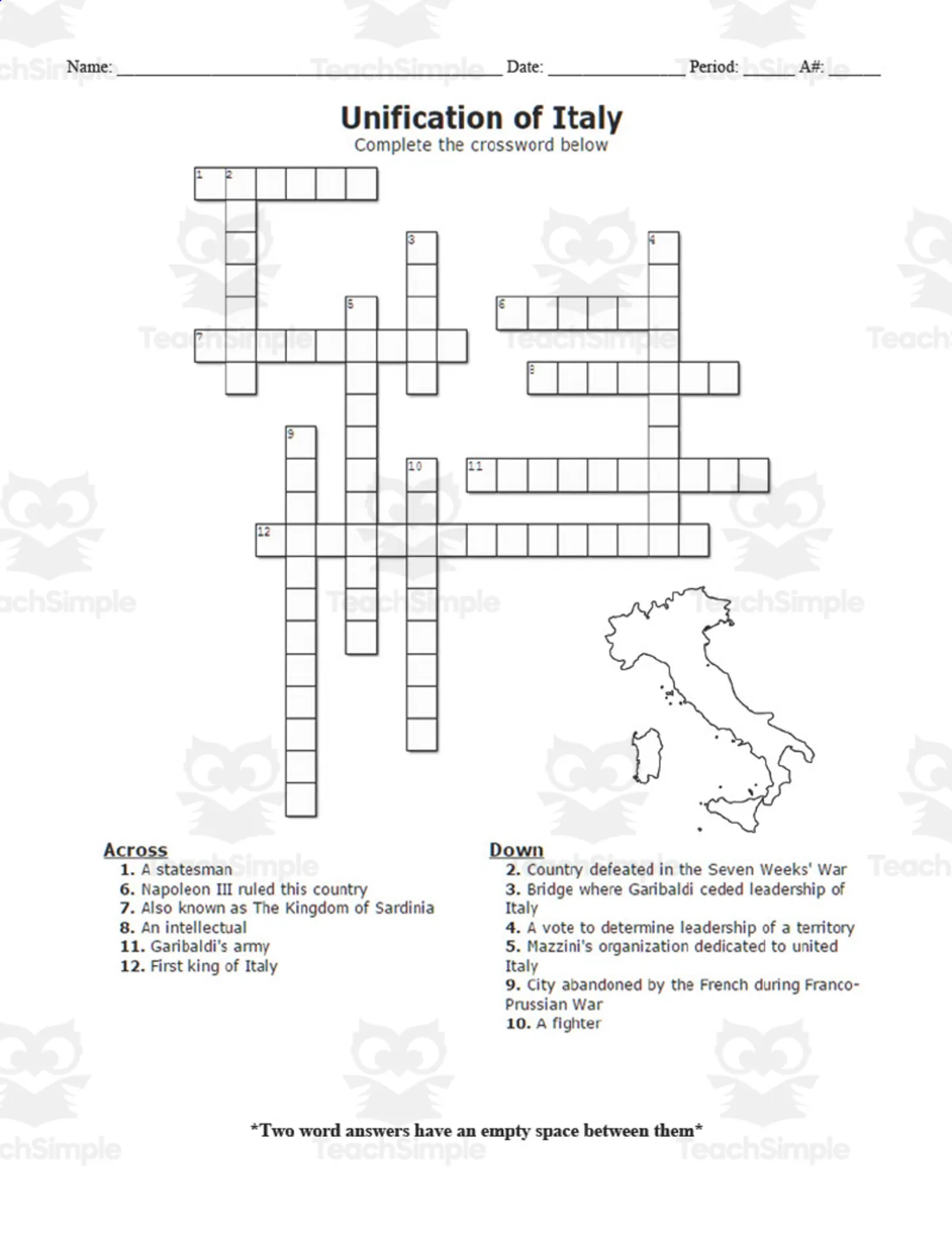 An educational teaching resource from DrDrew entitled Unification of Italy Crossword Puzzle downloadable at Teach Simple.