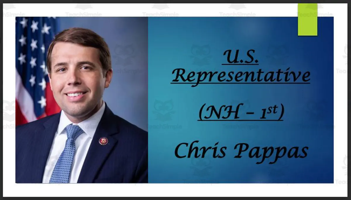 An educational teaching resource from Mr. Matthews Teacher Store entitled U.S. Representative Chris Pappas (NH - 1st) BIO PPT downloadable at Teach Simple.