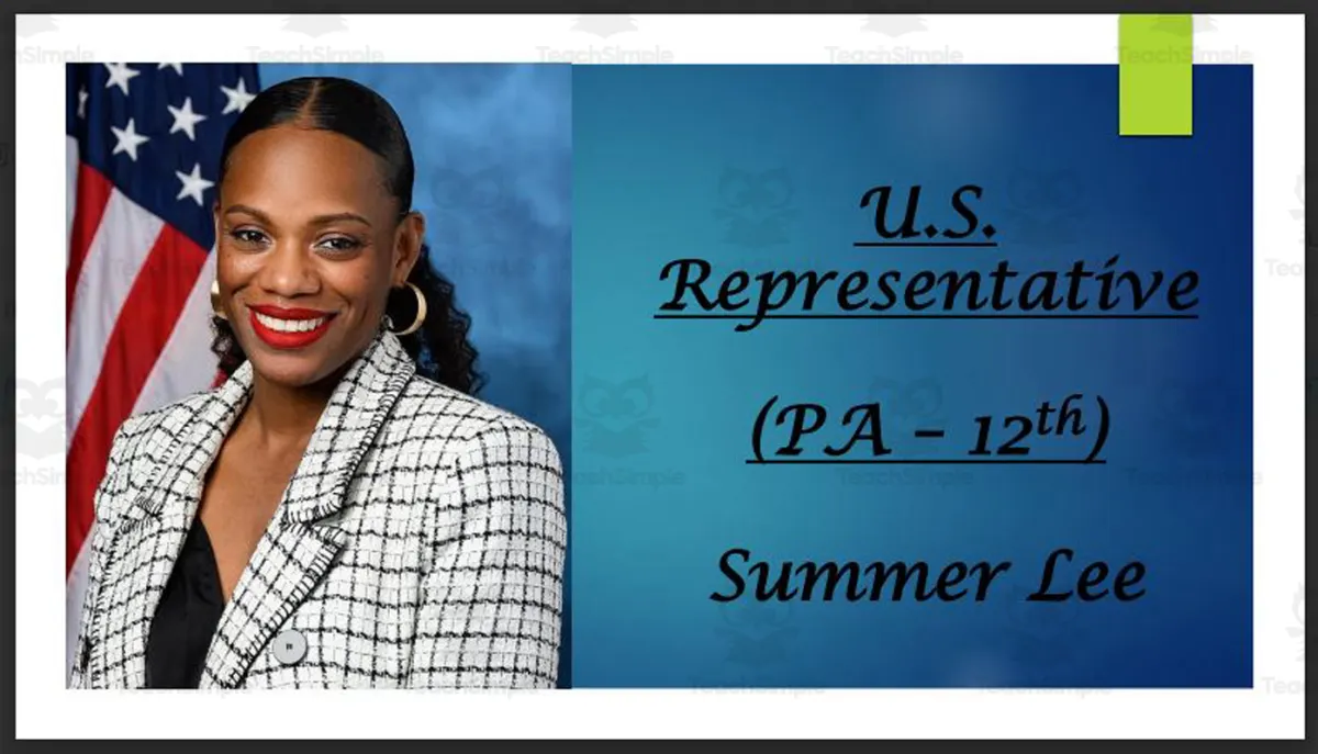 An educational teaching resource from Mr. Matthews Teacher Store entitled U.S. Representative Summer Lee (PA - 12th) BIO PPT downloadable at Teach Simple.
