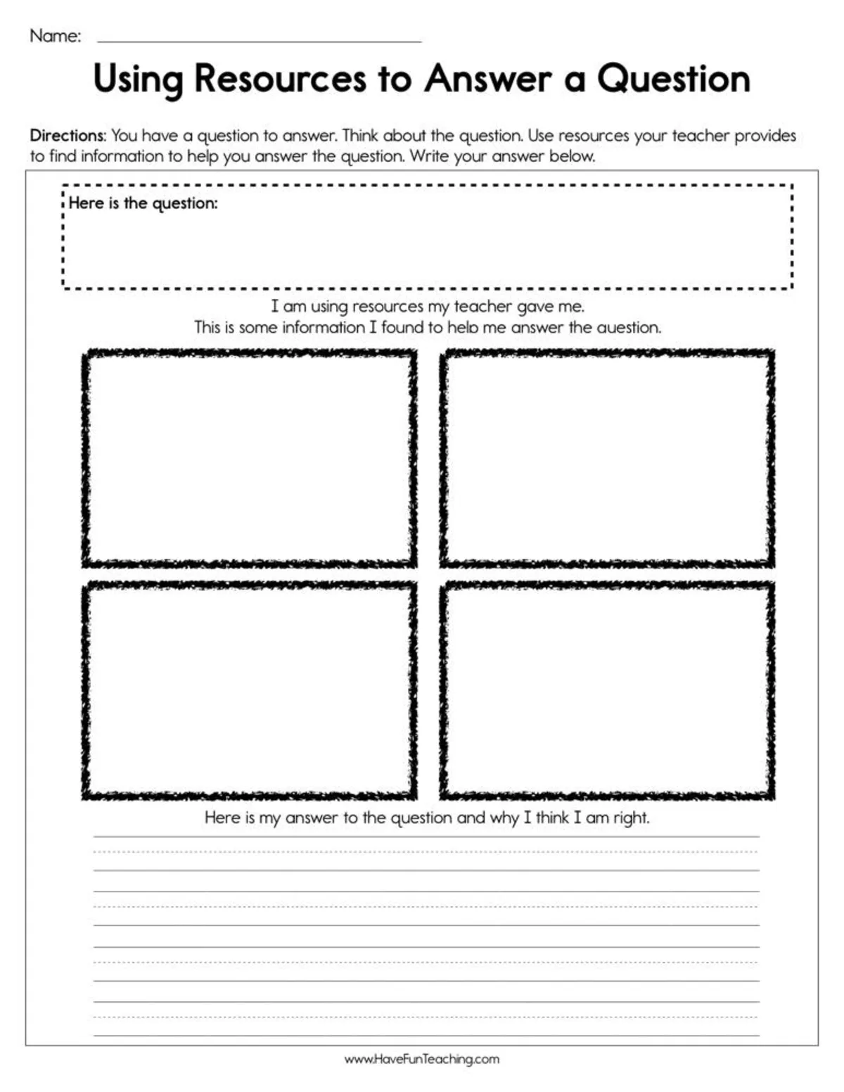 An educational teaching resource from Have Fun Teaching entitled Use Resources to Answer a Question Worksheet downloadable at Teach Simple.