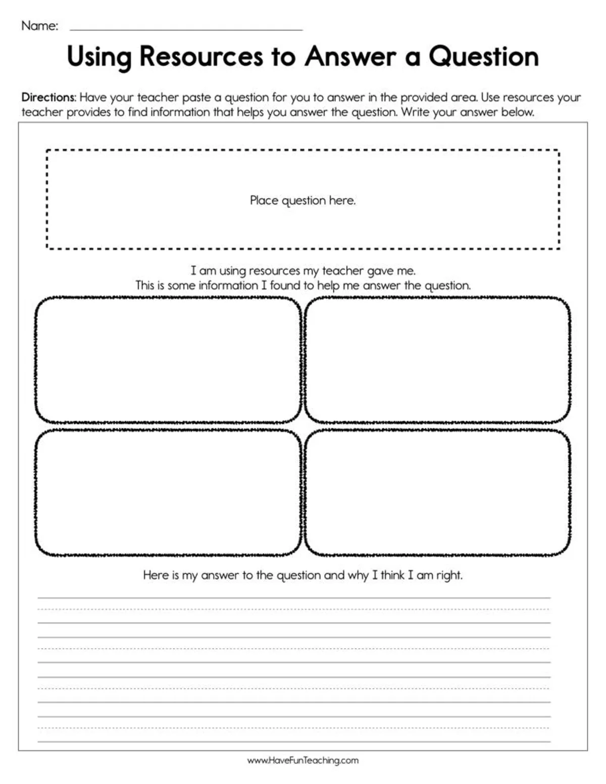 An educational teaching resource from Have Fun Teaching entitled Using Resources to Answer a Question Worksheet downloadable at Teach Simple.