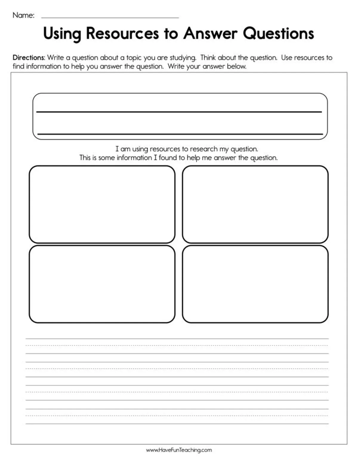 An educational teaching resource from Have Fun Teaching entitled Using Resources to Answer Questions Worksheet downloadable at Teach Simple.