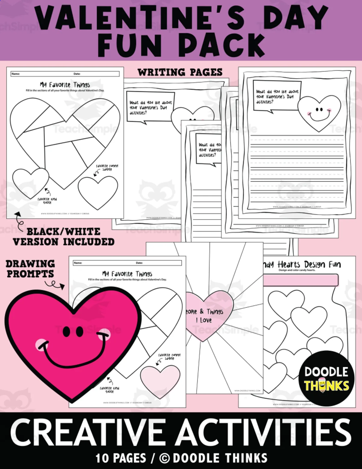 An educational teaching resource from Doodle Thinks entitled Valentine's Day Fun Pack | Creative Art and Writing Activities downloadable at Teach Simple.