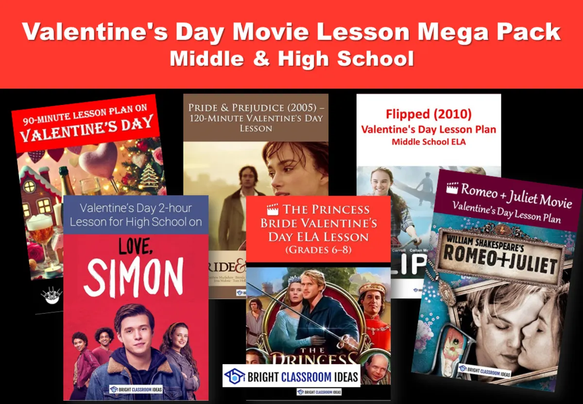 An educational teaching resource from Bright Classroom Ideas Marketplace entitled Valentine's Day Movie Lesson Mega Pack | Middle & High School downloadable at Teach Simple.