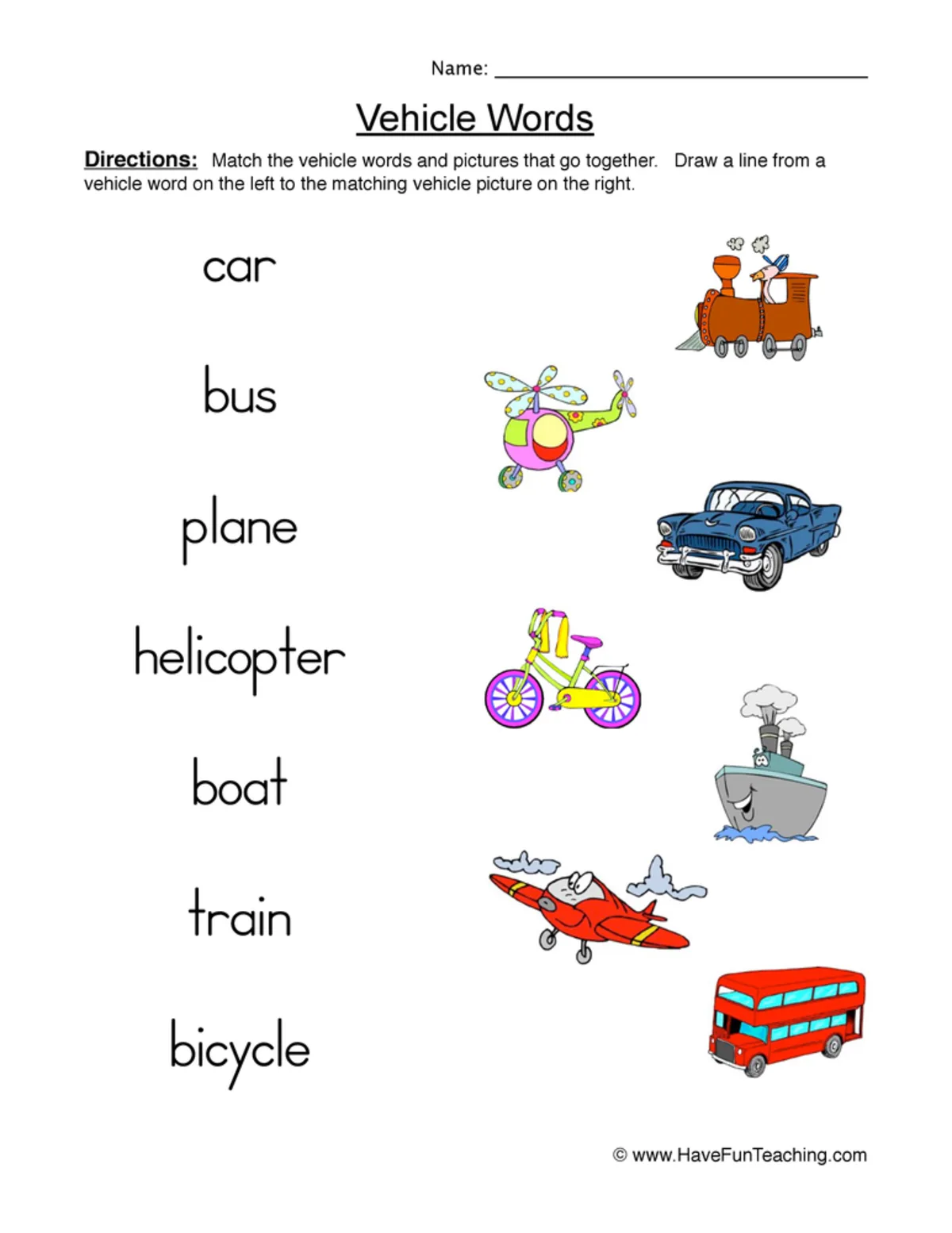 An educational teaching resource from Have Fun Teaching entitled Vehicle Words Worksheet downloadable at Teach Simple.