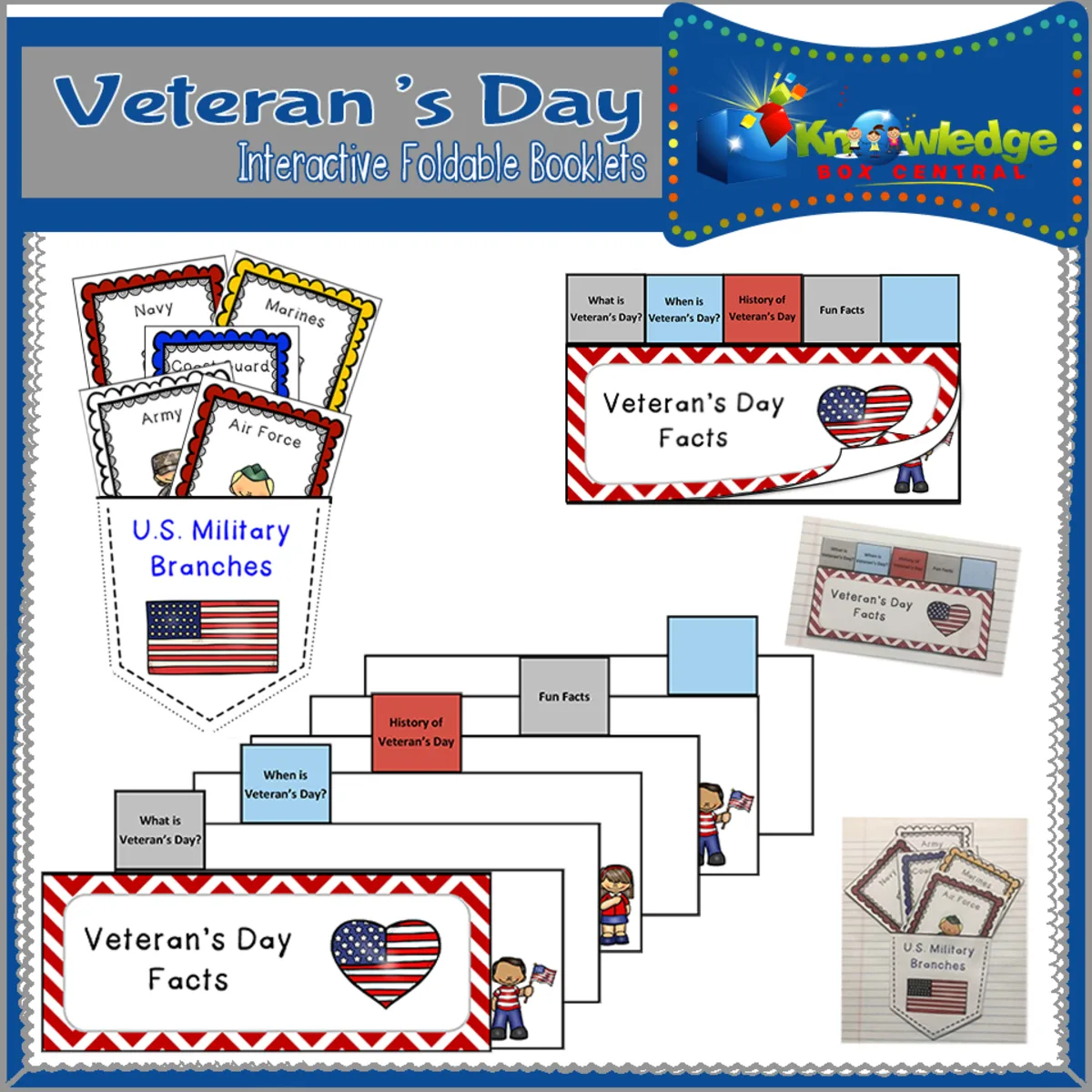 An educational teaching resource from Knowledge Box Central entitled Veteran's Day Interactive Foldable Booklets – EBOOK downloadable at Teach Simple.