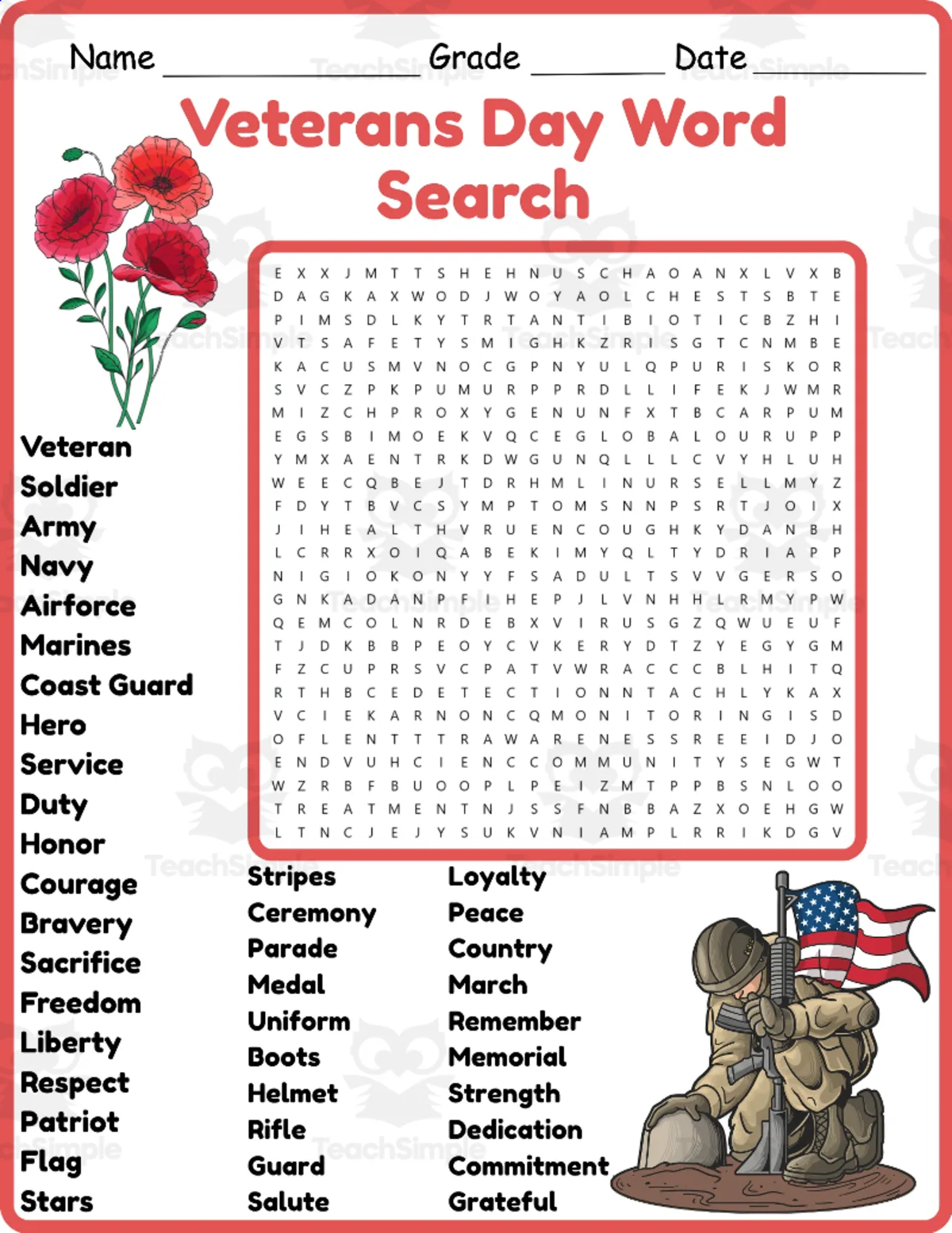 An educational teaching resource from Classsimple entitled Veterans Day Word Search 2nd 3rd 4th 5th Grade Worksheet Activity downloadable at Teach Simple.
