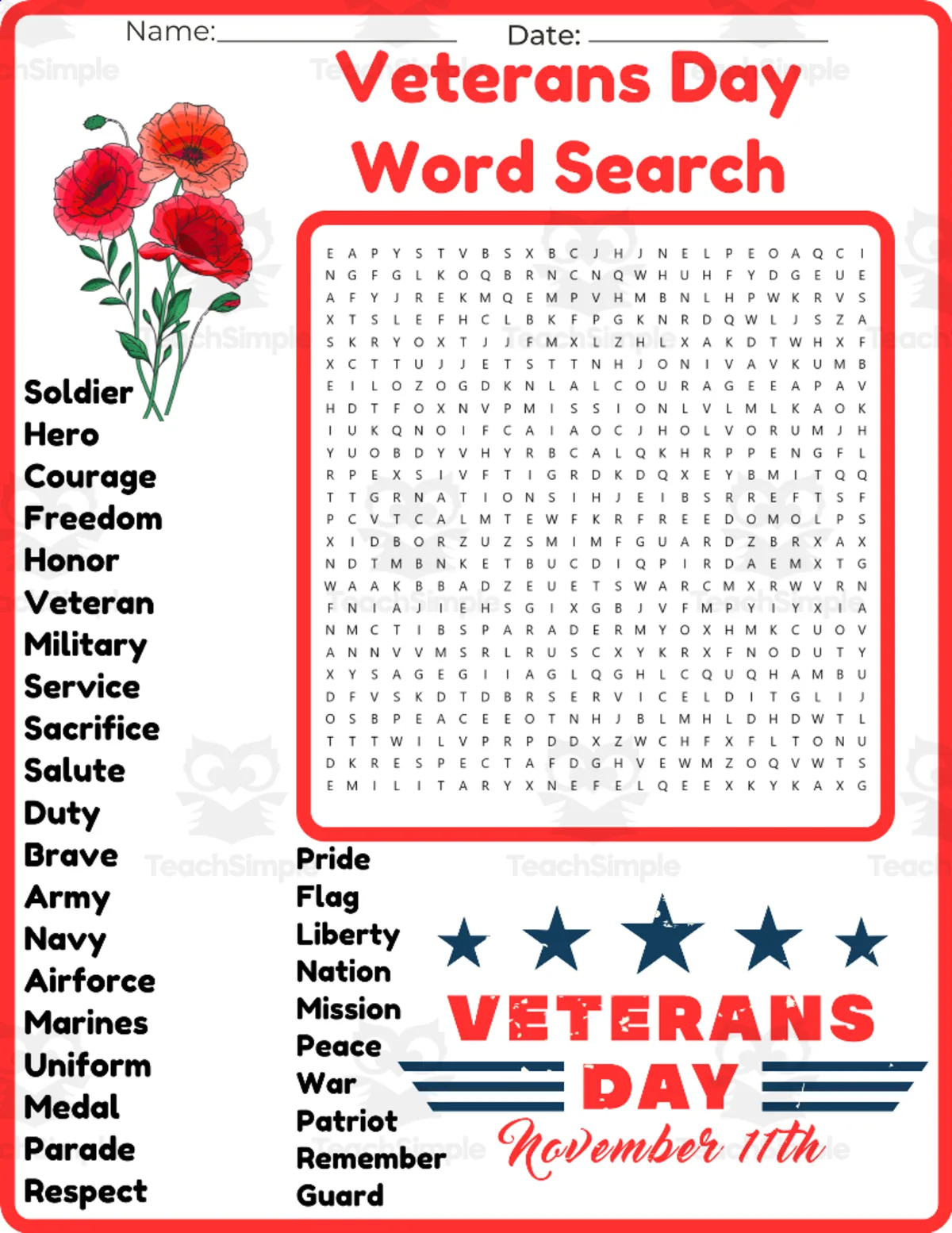An educational teaching resource from space shope entitled Veterans Day Word Search worksheet activity downloadable at Teach Simple.