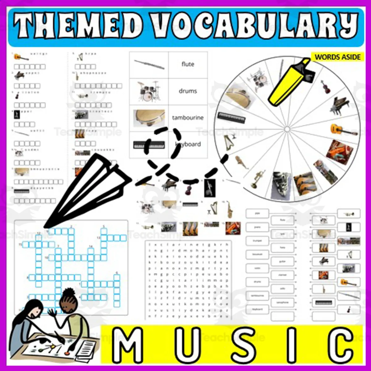 An educational teaching resource from WORDS ASIDE entitled Vocabulary with Flash Cards | Crossword Wordsearch Anagram MUSIC downloadable at Teach Simple.