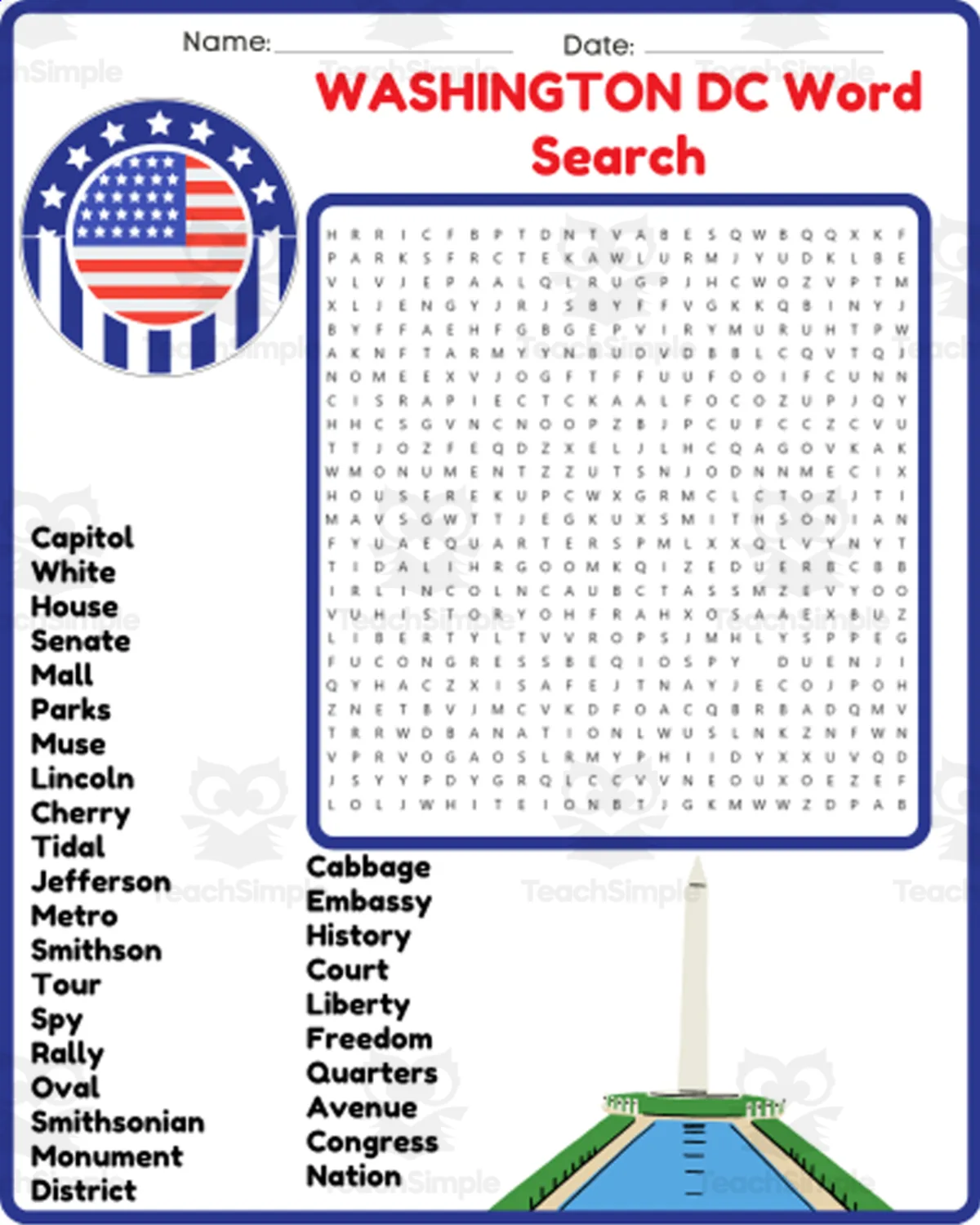 An educational teaching resource from space shope entitled WASHINGTON DC Word Search Puzzle Worksheet Activity downloadable at Teach Simple.