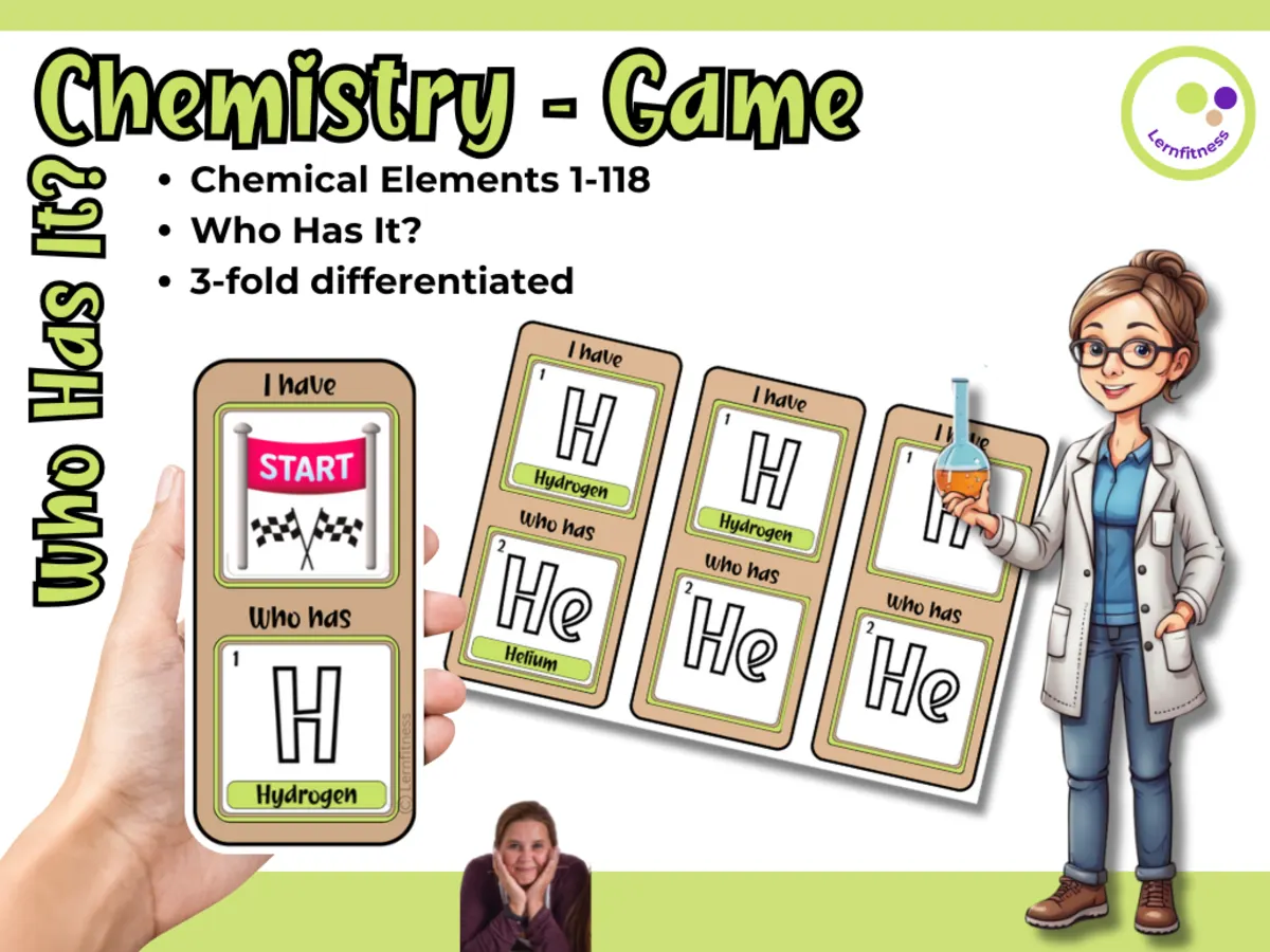 An educational teaching resource from Lernfitness entitled Who Has It? – Chemical Elements Game (1–118) – 3 Levels of Differentia downloadable at Teach Simple.