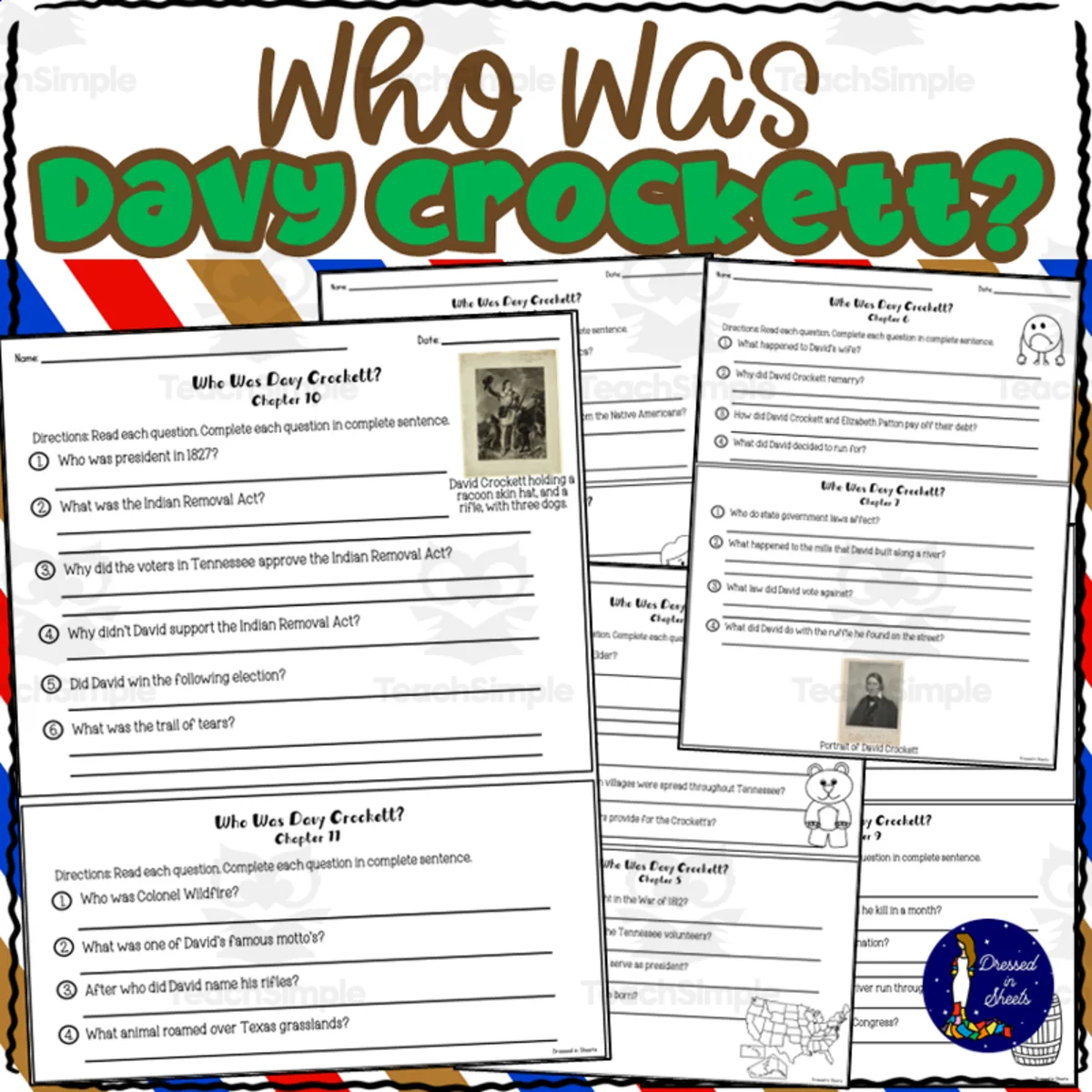 An educational teaching resource from Soumara Siddiqui entitled Who Was Davy Crockett? Gail Herman Book Questions downloadable at Teach Simple.