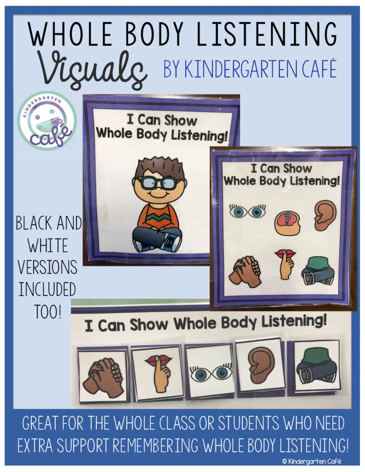 An educational teaching resource from Kindergarten Cafe entitled Whole Body Listening Visual Cards downloadable at Teach Simple.