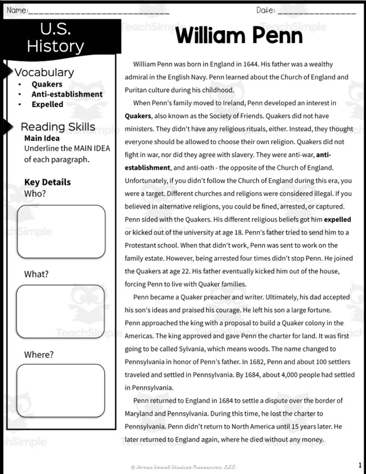 An educational teaching resource from Sarah Miller Tech entitled William Penn Reading Packet downloadable at Teach Simple.