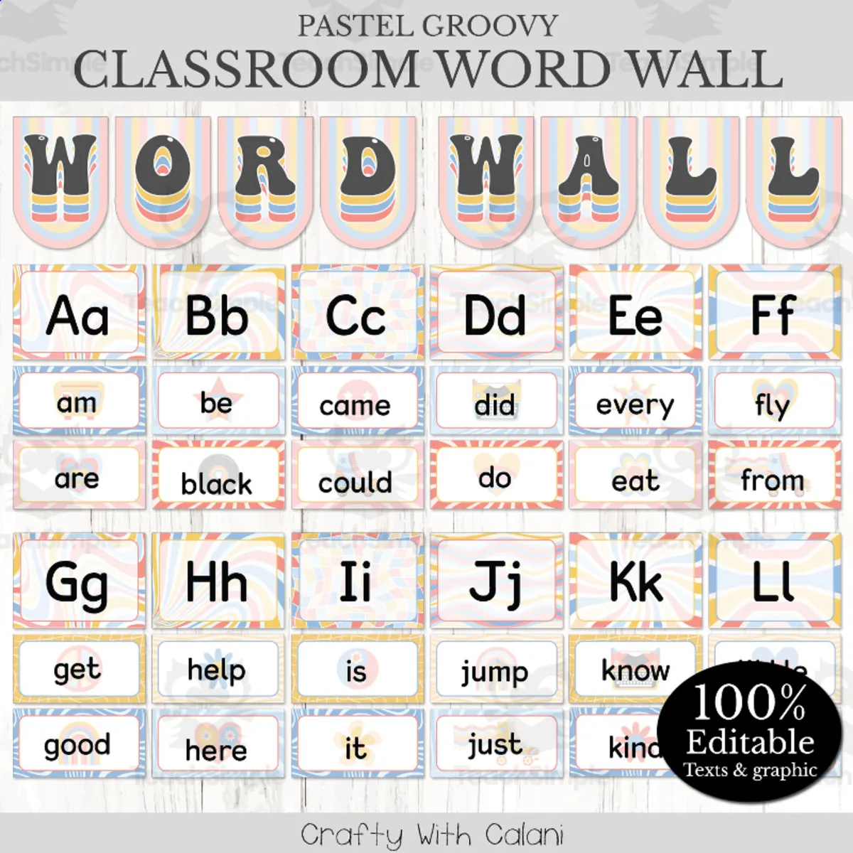 An educational teaching resource from Crafty with Calani entitled Word Wall Classroom Decoration in Pastel Groovy Theme - 100% Editable downloadable at Teach Simple.