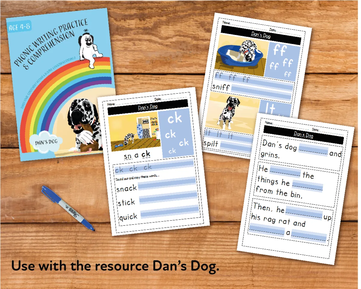 An educational teaching resource from Guinea Pig Education entitled Writing And Comprehension Practice: Dan’s Dog (4-8 years) downloadable at Teach Simple.