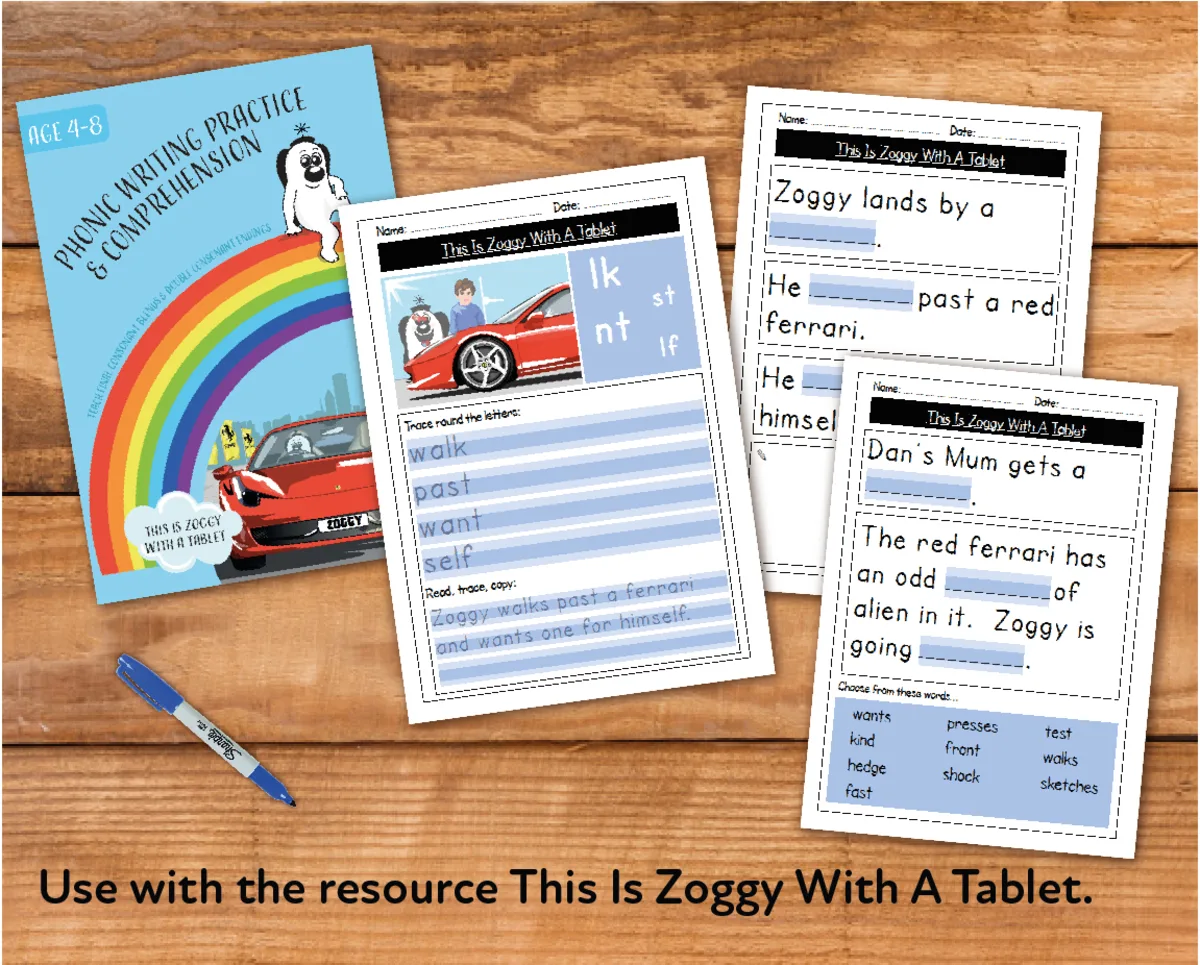 An educational teaching resource from Guinea Pig Education entitled Writing And Comprehension Practice: This Is Zoggy With A Tablet (4-8 years) downloadable at Teach Simple.