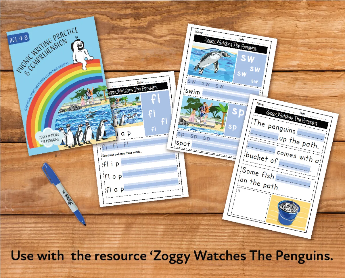 An educational teaching resource from Guinea Pig Education entitled Writing And Comprehension Practice: Zoggy Watches The Penguins (4-8 years) downloadable at Teach Simple.