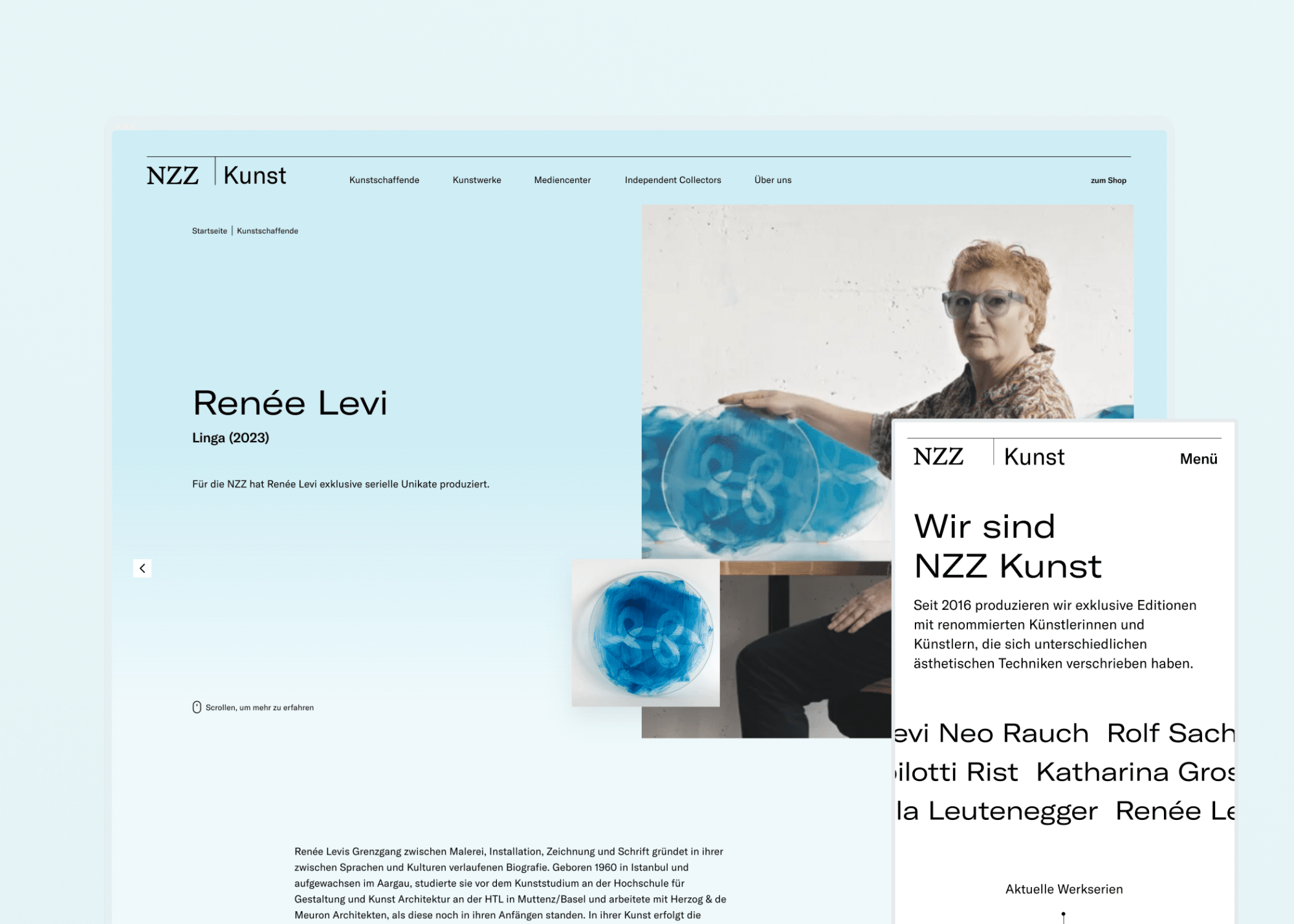 Mock-up UI Design für die NZZ Kunst Website, Projekt «Linga» von Renée Levi