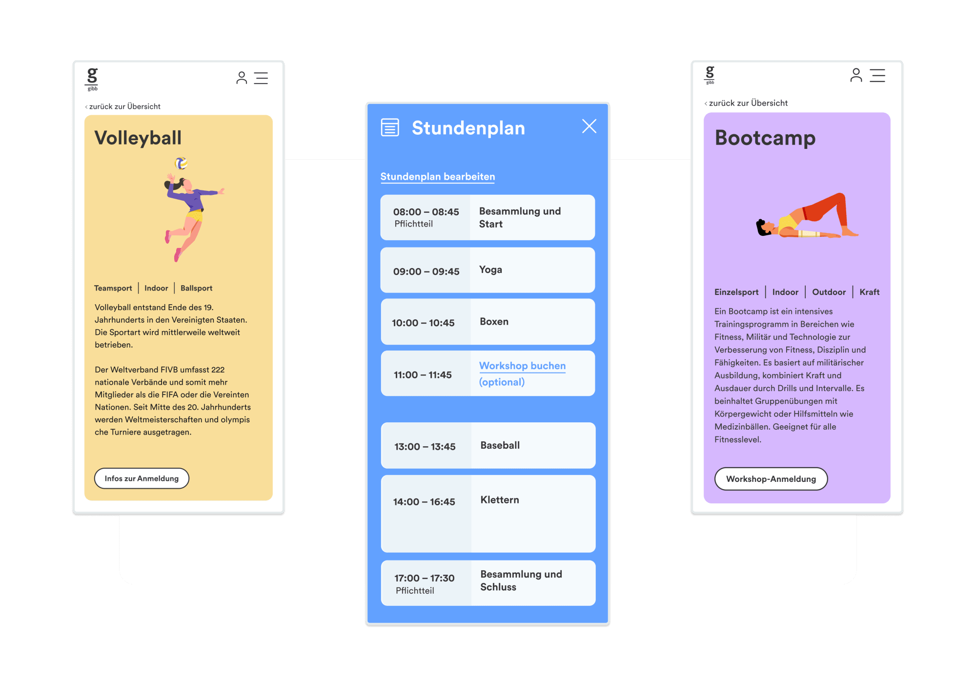 3 Mobile Screendesigns der Workshopdetailseite und des Stundenplans