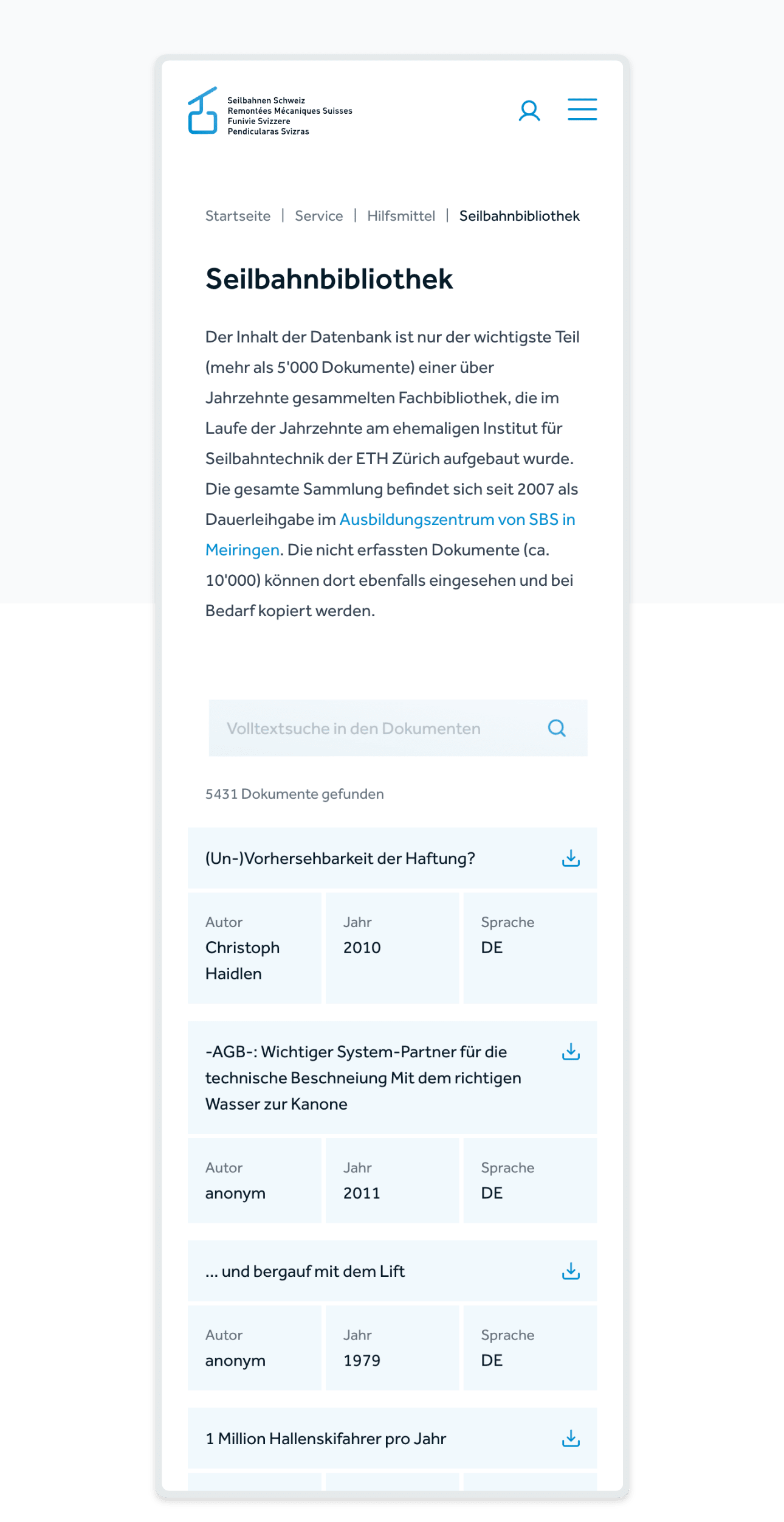 Volltextsuche in mehr als 5000 Dokumenten auf der Seilbahnbibliotek
