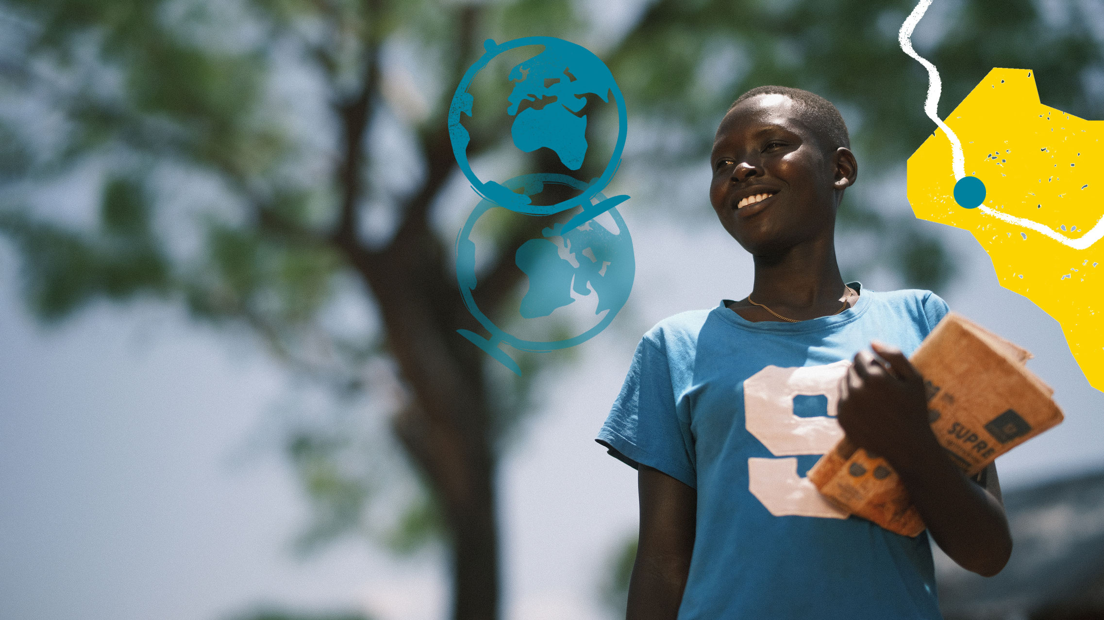 Smiling girl holding books in front of tree with globe and map graphics overlaid.