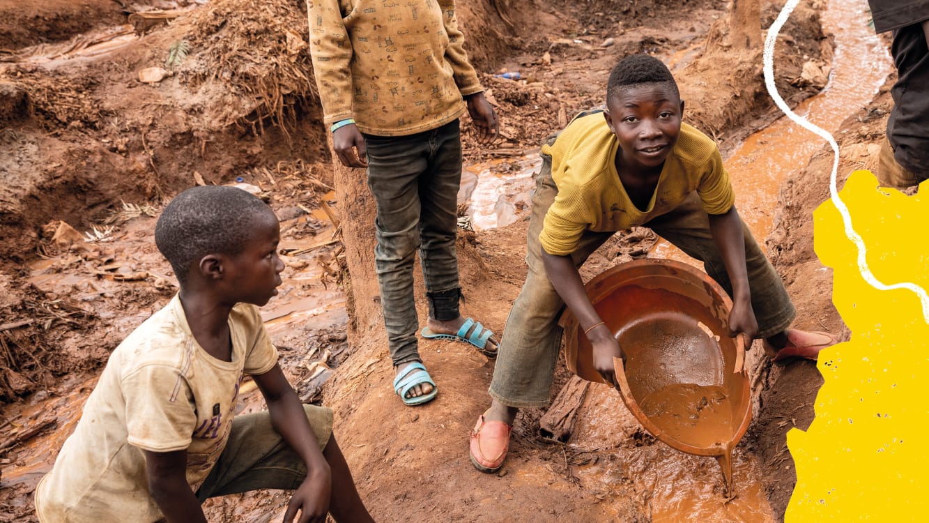 Three children around a clay coloured stream