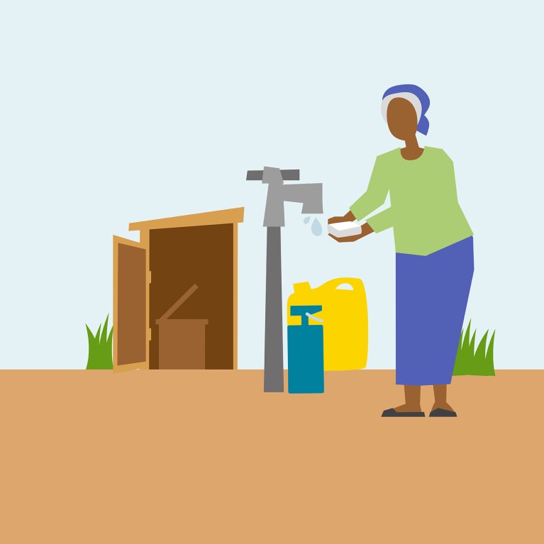 Illustration of a woman washing her hands under a water pump