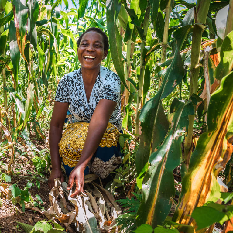A woman crouches on the ground surrounded by crops, whilst she smiles and holds crops in her hands.