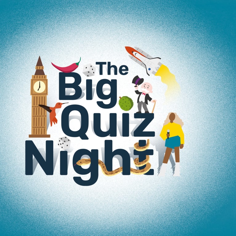 "The Big Quiz Night" graphic with illustrations of Big Ben, a rocket, and Monopoly man.