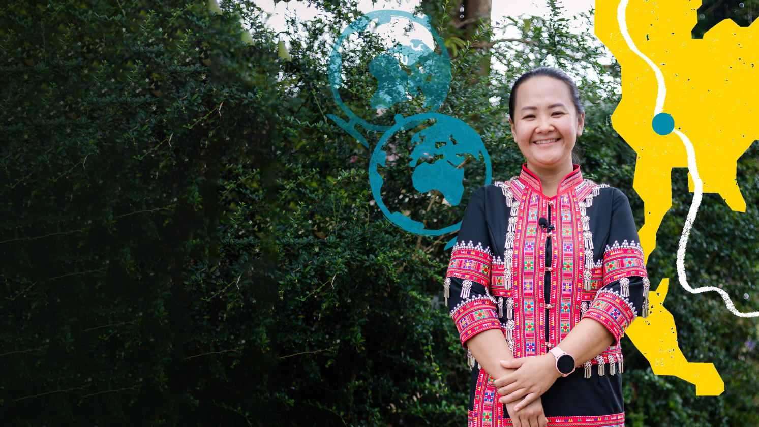 A woman dressed in a brightly coloured top looks at the camera and smiles. A yellow graphic outline of Thailand is overlaid.