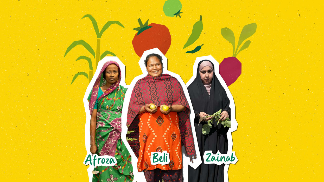 Three women are depicted against a yellow, textured background with cartoon-style crops. From left, Afroza, in a green patterned sari and head covering, stands beneath a sugarcane illustration. In the centre, Beli smiles, wearing a red and orange patterned dress and holding two yellow fruits, beneath illustrations of a tomato and chillies. On the right, Zainab, in a black abaya and light pink head covering, holds leafy root vegetables, beneath a radish illustration.
