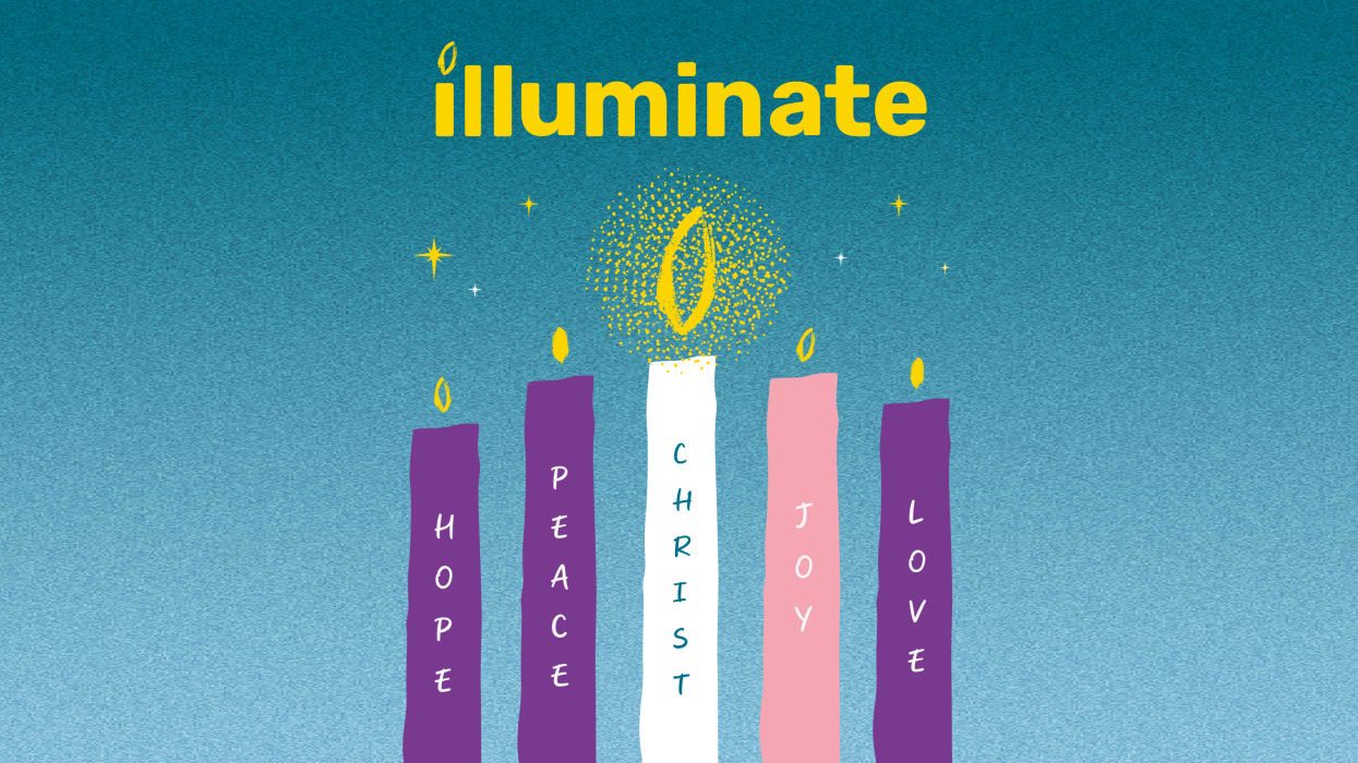 An illustration of advent candles with "Illuminate" at the top of an advent background.
