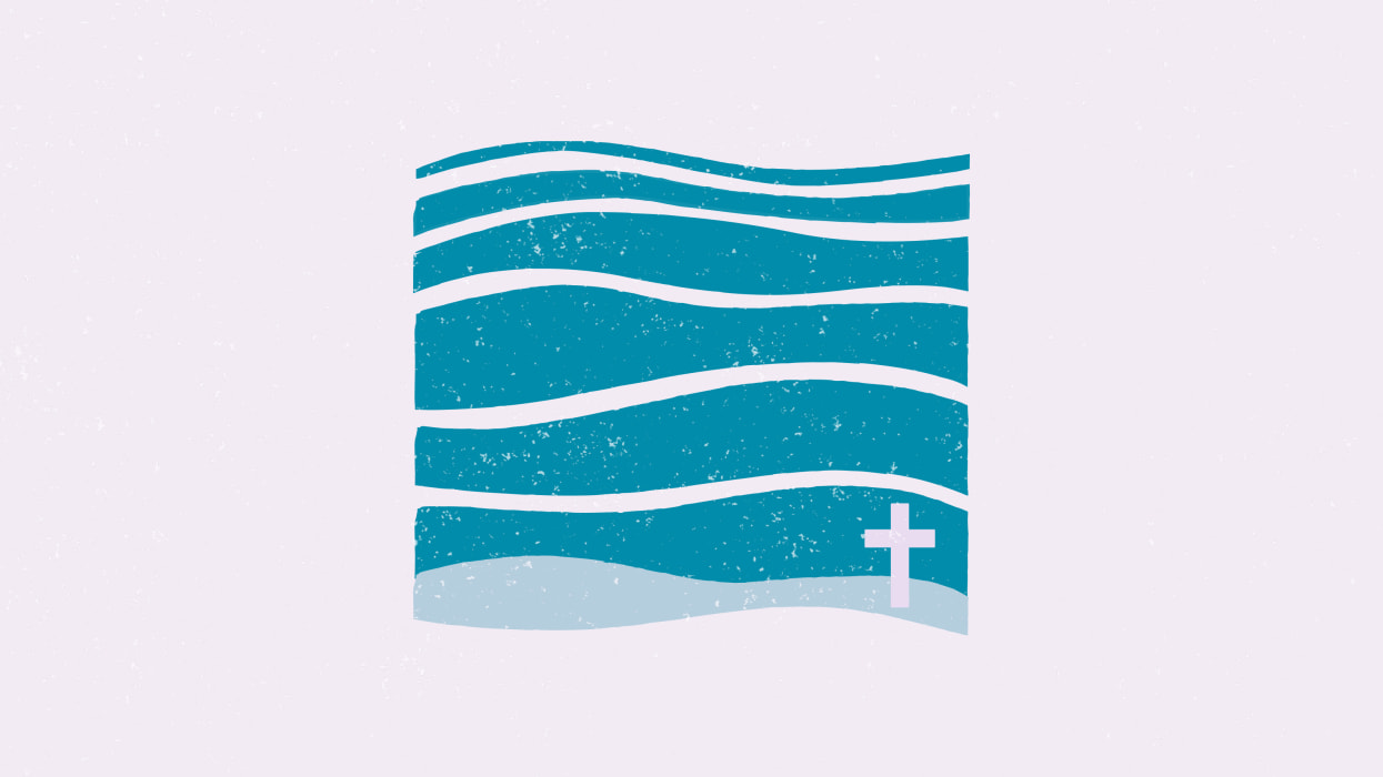 Teal waves graphic with white lines and a simple cross in the lower right corner.