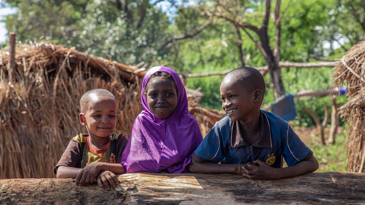 From left to right, four-year old Haroun, five-year-old Ahamatou and six-year-old Idrissa smile together as they lean against a large log.
