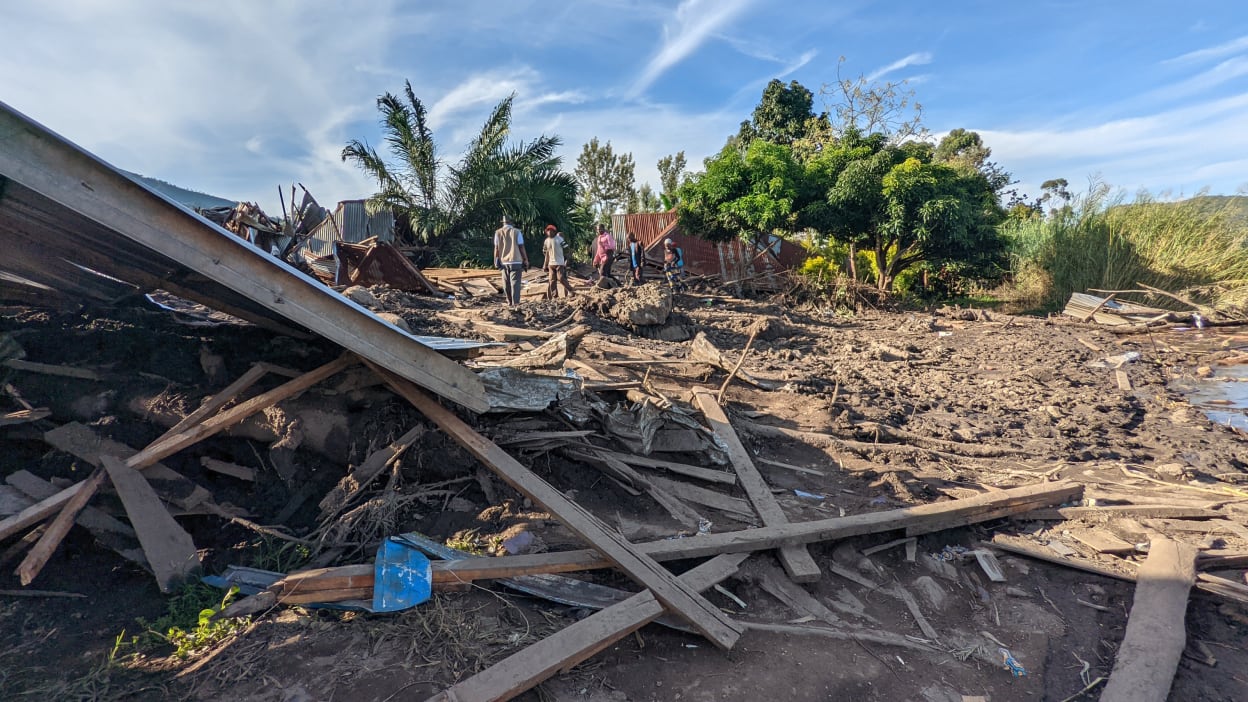 A building lies destroyed by the flooding and landslides in Democratic Republic of Congo after torrential rain caused four rivers to burst their banks.