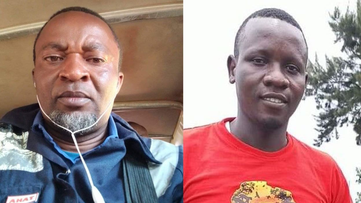 A black middle-aged man on the left is wearing a blue collar shirt and wired earphones, and a younger-looking black man on the right is wearing a red t-shirt.