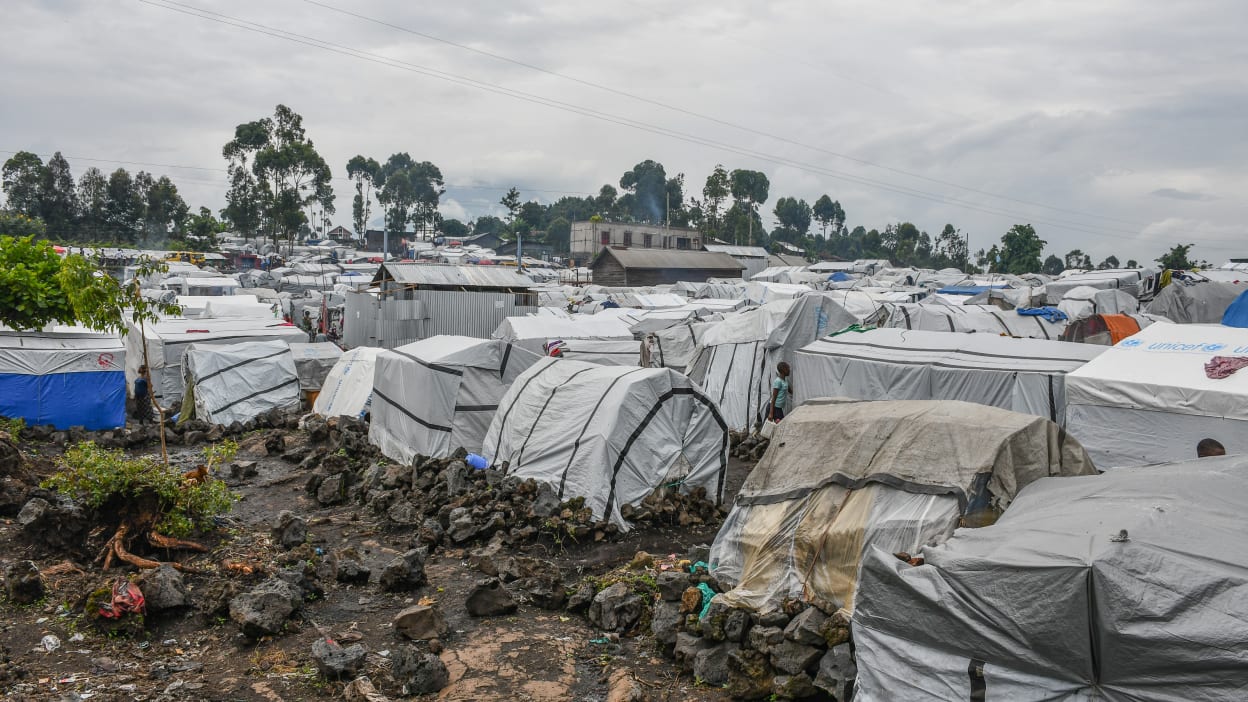Makeshift tents are crowded together in a camp for internally displaced people outside Goma, Democratic Republic of Congo