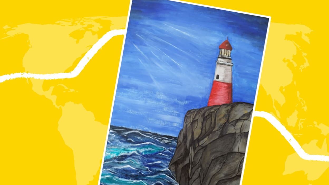 A painting of a red and white lighthouse on a rocky cliff next to the ocean.