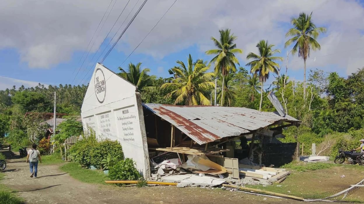 A collapsed church building