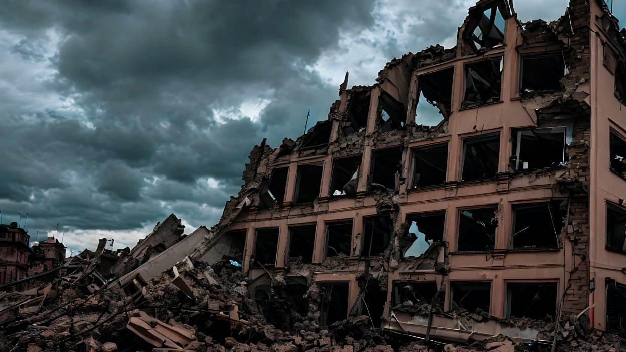 Heavily damaged building surrounded by rubble under a dark, dramatic sky.